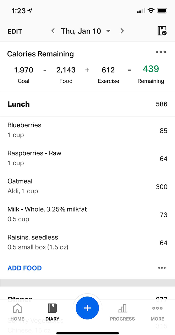 Tracking my food and exercise in MyFitnessPal