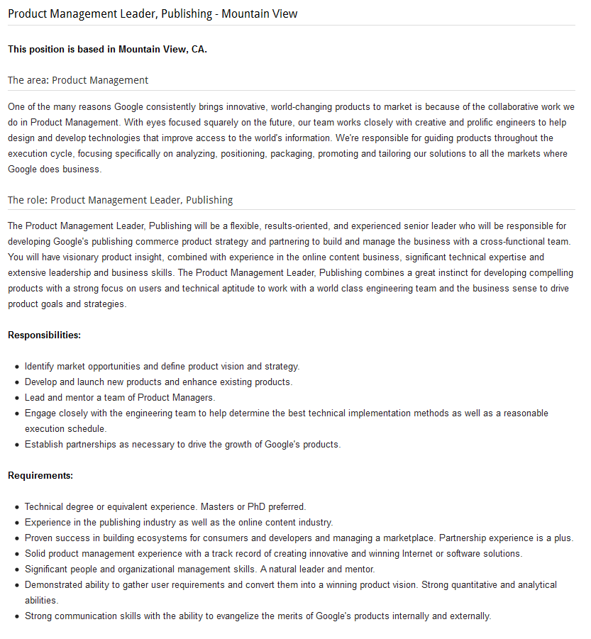 Google job posting